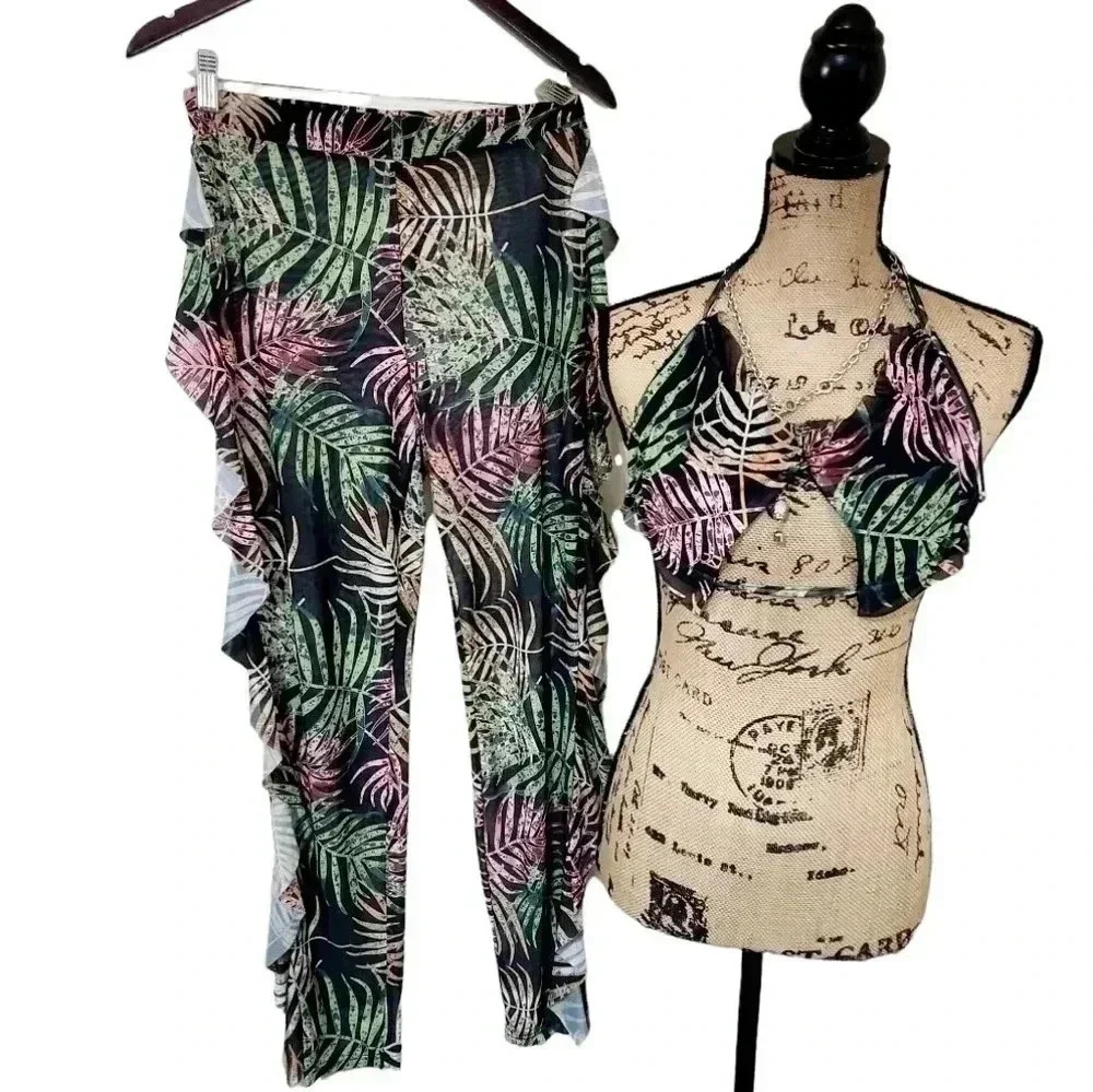 SHEIN Tropical Mesh trim cover up set. Size Large